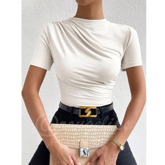 Ruched White Asymmetrical Short Sleeve Bodysuit  Stretchy - Picture 7 of 10